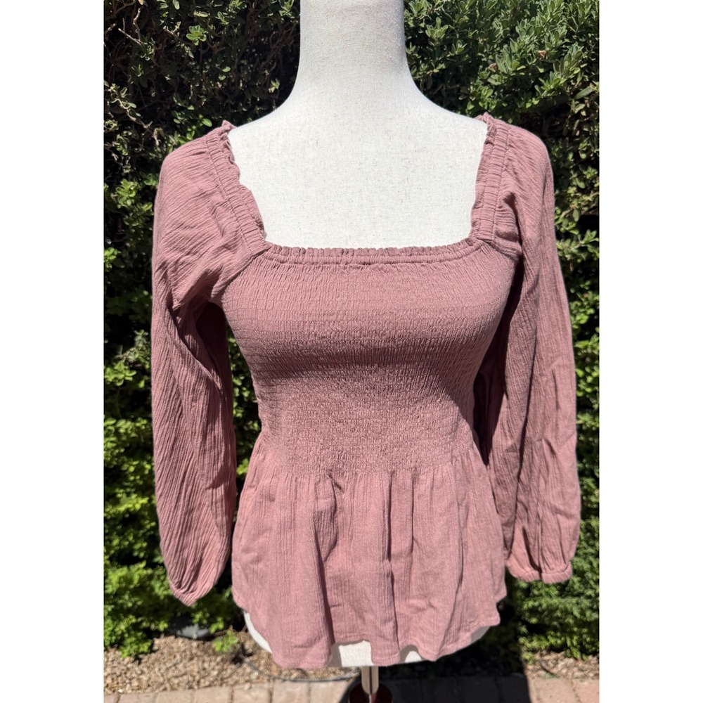Madewell Smocked Peplum Top Mauve Pink Crinkle Gauze Square Neck Long Sleeve 2